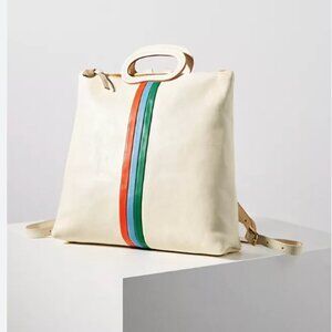CLARE V Marcelle Leather Backpack - White In White Rustic/ Pop Sky Stripe